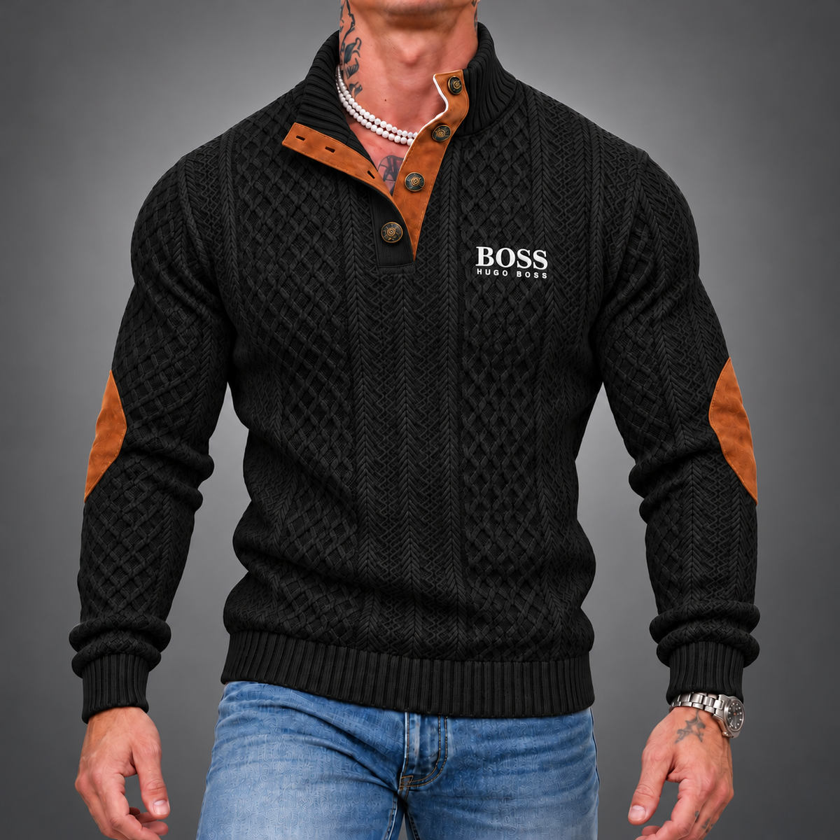 Men's Textured Button-Neck Sweater