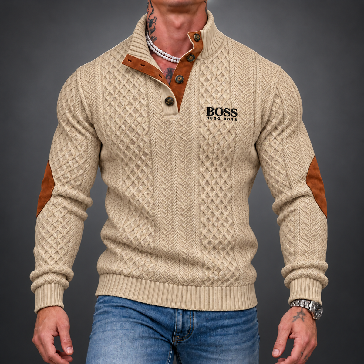 Men's Textured Button-Neck Sweater