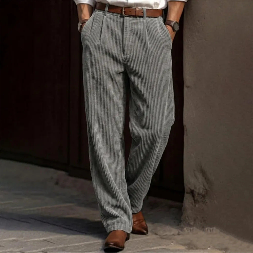 Men's Vertical Striped Pleated Wide‑Leg Casual Trousers