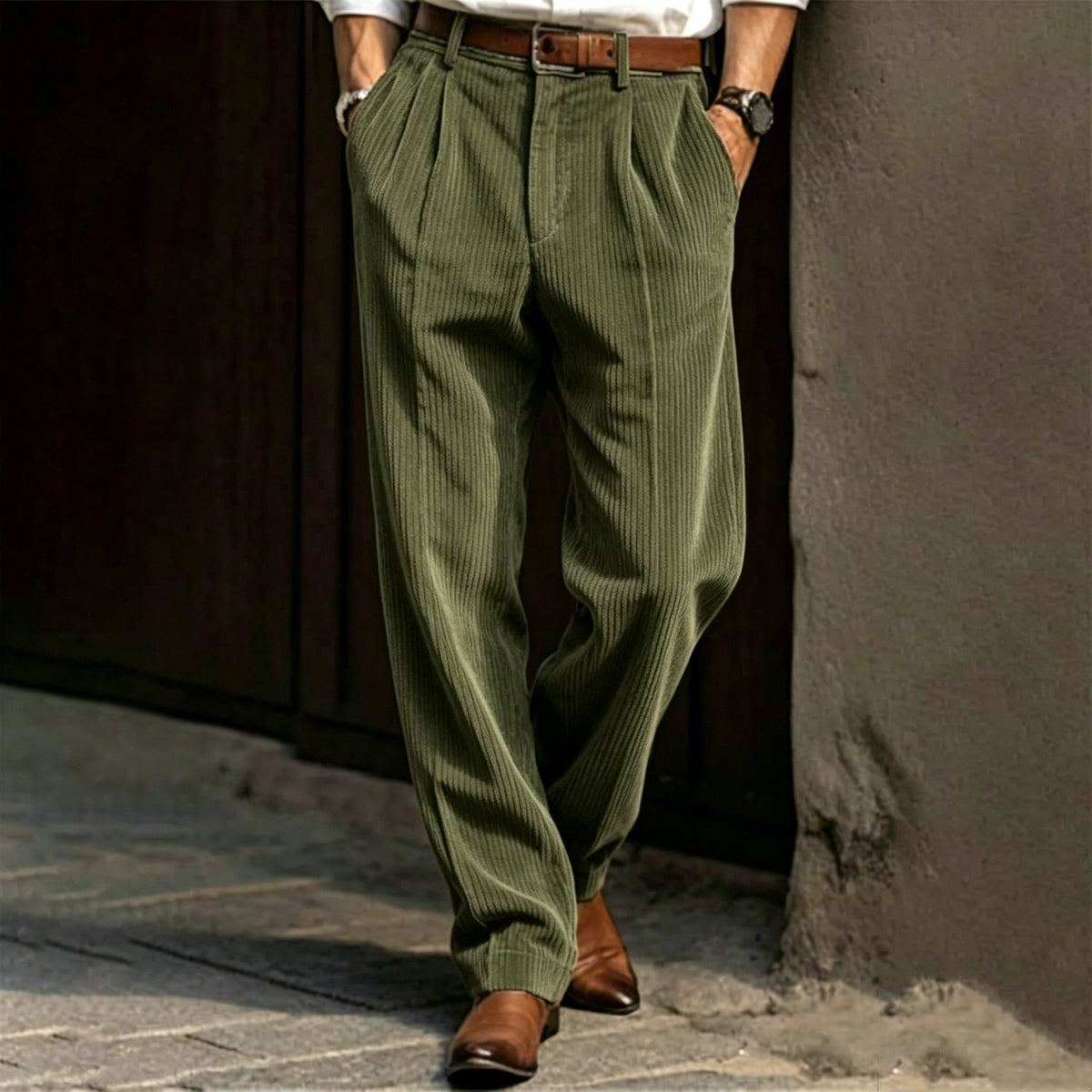 Men's Vertical Striped Pleated Wide‑Leg Casual Trousers