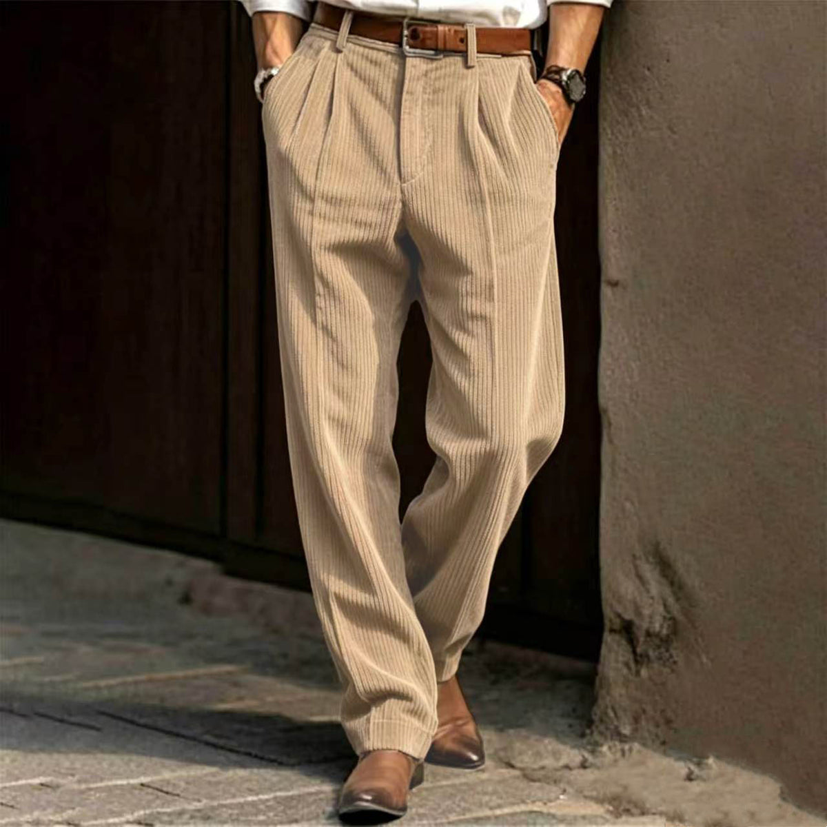 Men's Vertical Striped Pleated Wide‑Leg Casual Trousers
