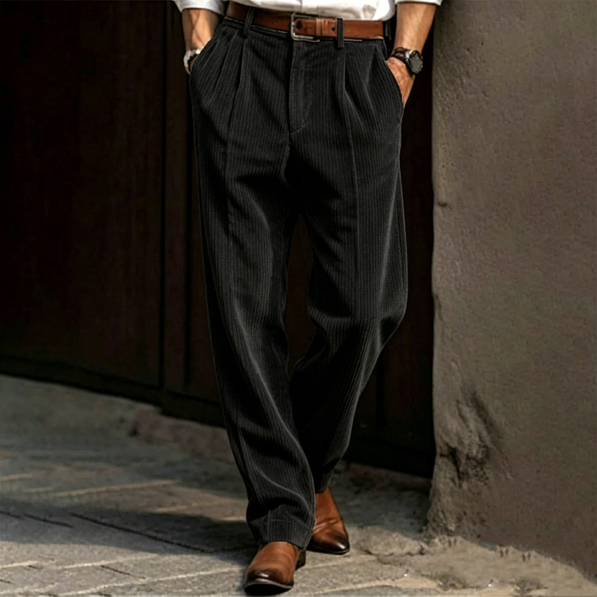 Men's Vertical Striped Pleated Wide‑Leg Casual Trousers