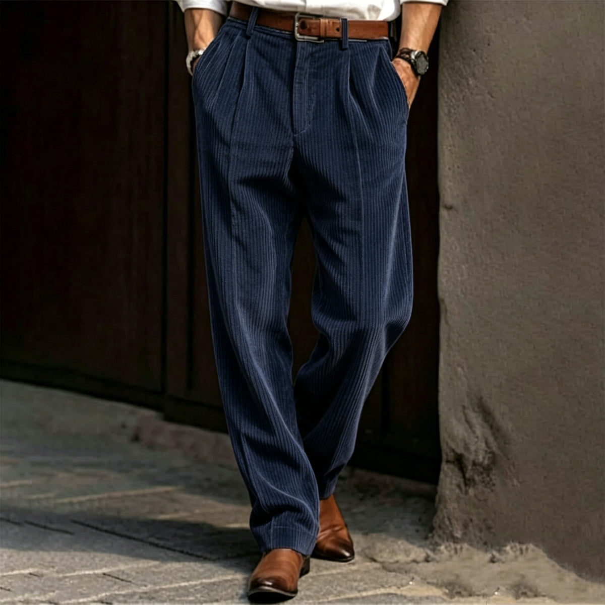 Men's Vertical Striped Pleated Wide‑Leg Casual Trousers