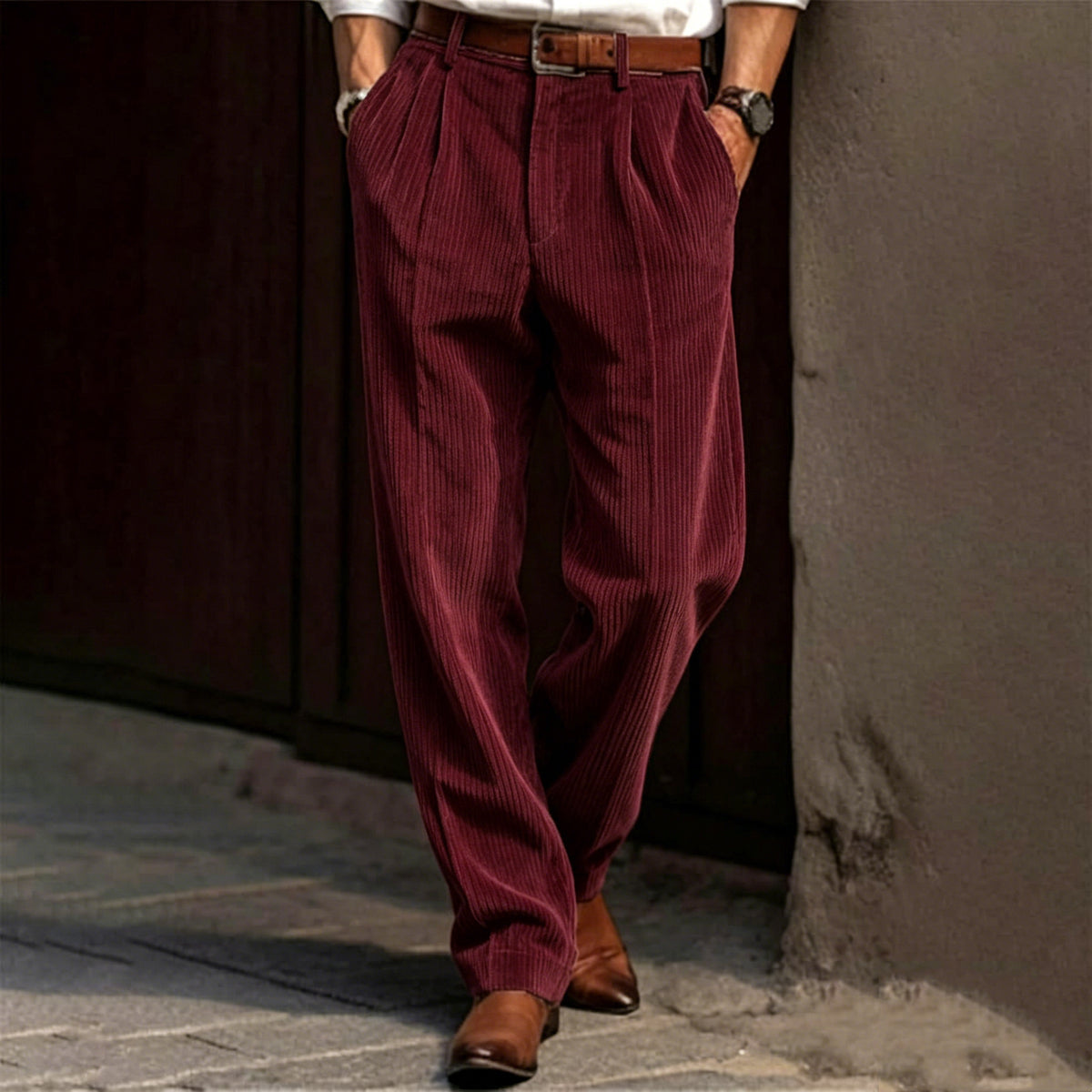 Men's Vertical Striped Pleated Wide‑Leg Casual Trousers