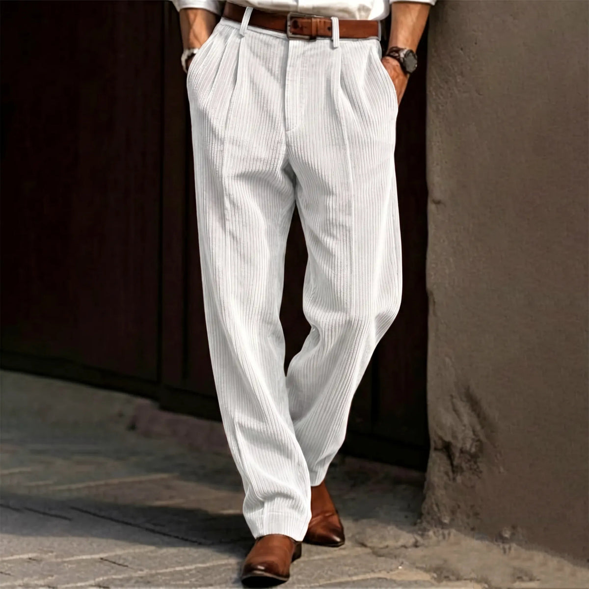 Men's Vertical Striped Pleated Wide‑Leg Casual Trousers